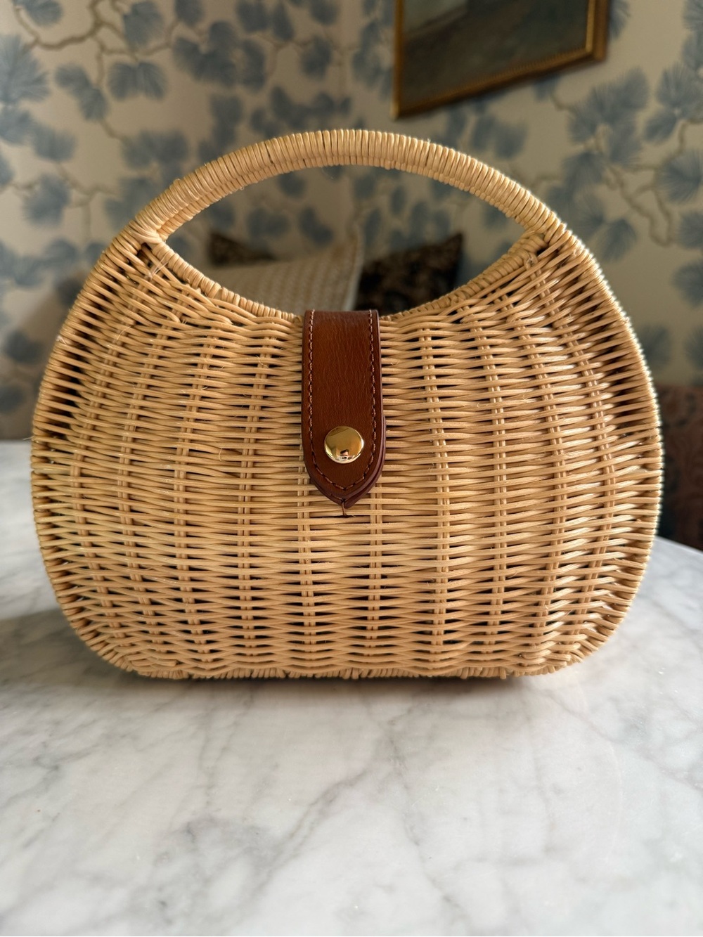 J Crew Woven Straw Top-Handle Bag with Brown Leather Closure